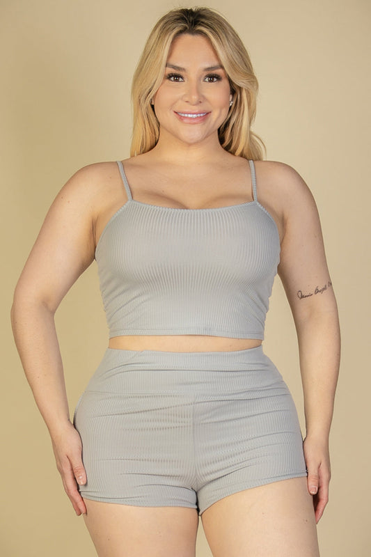 Plus Size Ribbed Cami Crop Top & Ruched Shorts Set (CAPELLA) - Capella Apparel