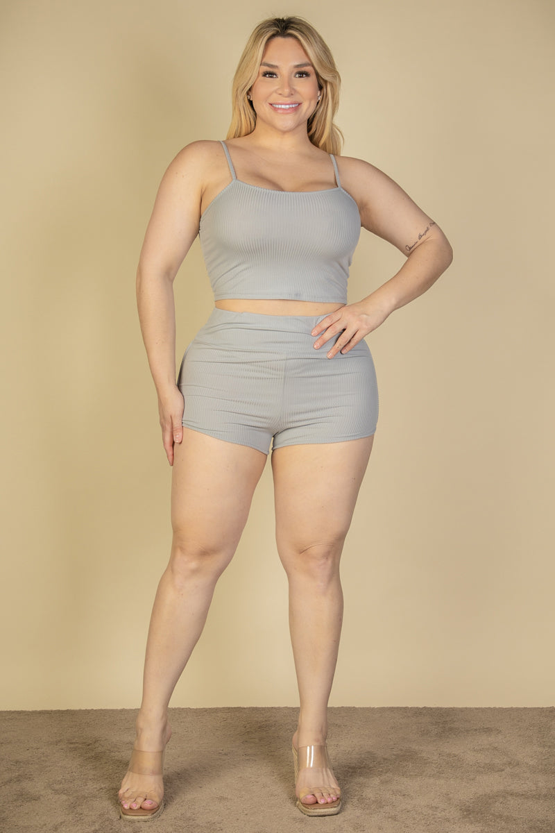 Plus Size Ribbed Cami Crop Top & Ruched Shorts Set (CAPELLA) - Capella Apparel