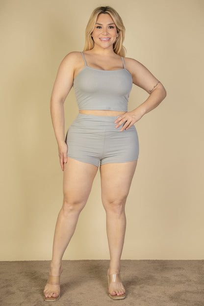 Plus Size Ribbed Cami Crop Top & Ruched Shorts Set (CAPELLA) - Capella Apparel