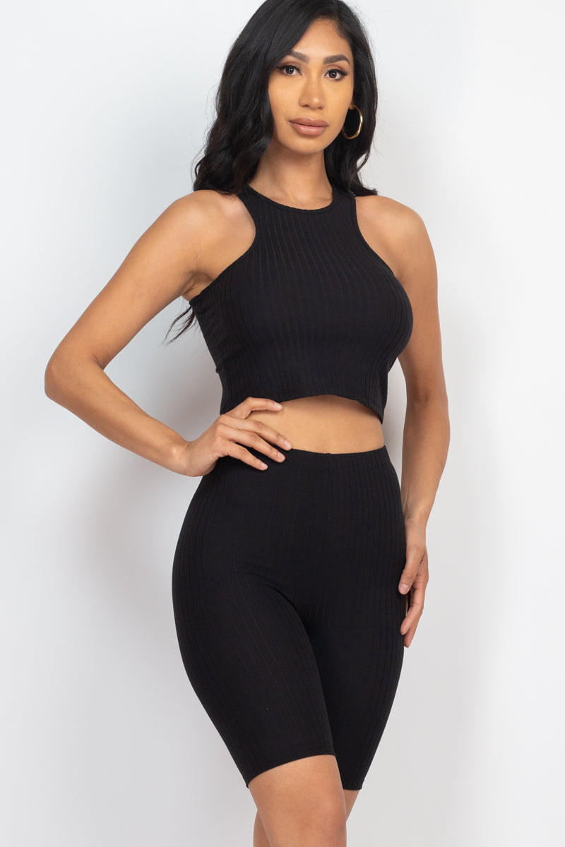 Ribbed Cropped Tank Top and Biker Shorts Sets (CAPELLA) - Capella Apparel