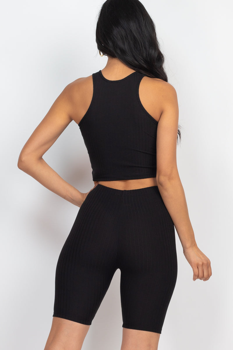 Ribbed Cropped Tank Top and Biker Shorts Set - Wholesale Capella Apparel