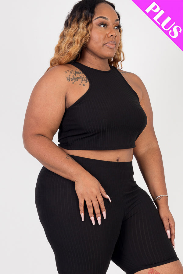 Plus Size Ribbed Cropped Tank Top and Biker Shorts Set - Capella Apparel