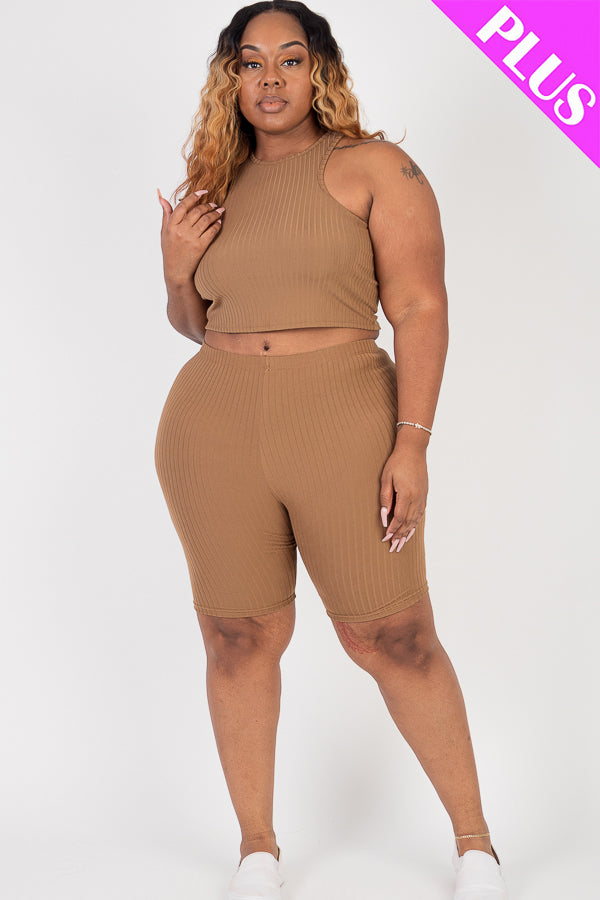 Plus Size Ribbed Cropped Tank Top and Biker Shorts Set - Capella Apparel