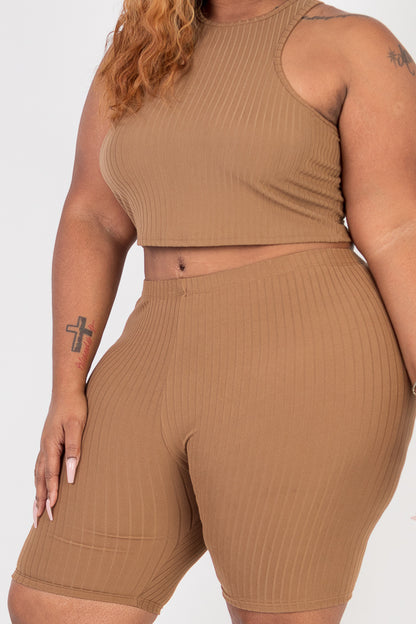 Plus Size Ribbed Cropped Tank Top and Biker Shorts Set - Capella Apparel