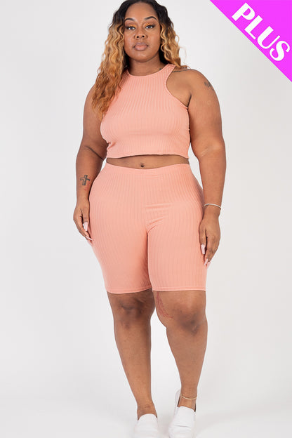 Plus Size Ribbed Cropped Tank Top and Biker Shorts Set - Capella Apparel