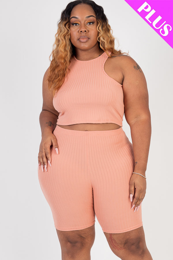 Plus Size Ribbed Cropped Tank Top and Biker Shorts Set - Capella Apparel