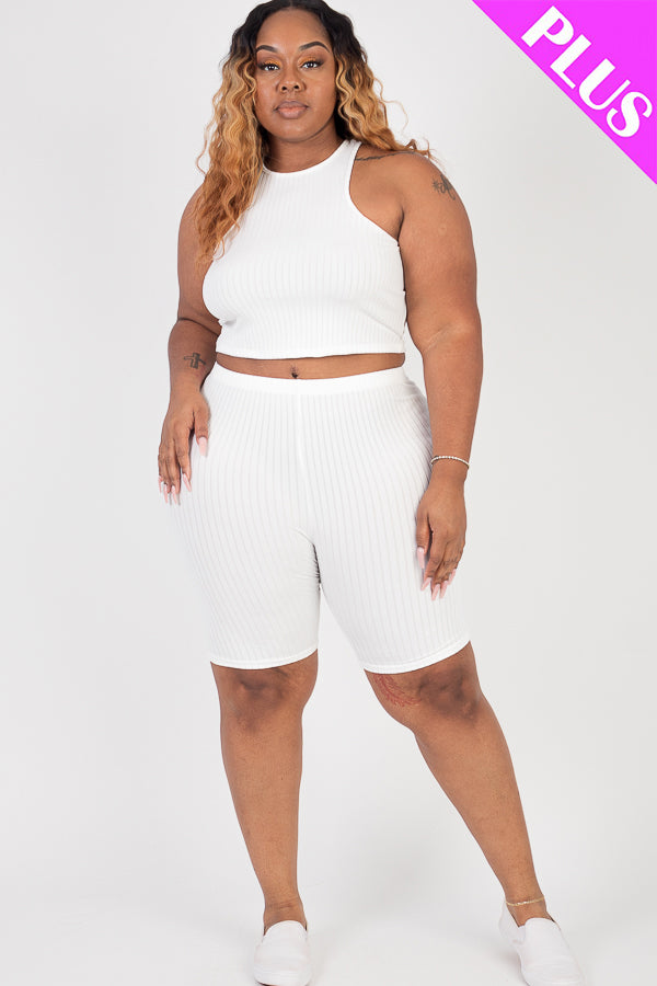 Plus Size Ribbed Cropped Tank Top and Biker Shorts Set - Capella Apparel