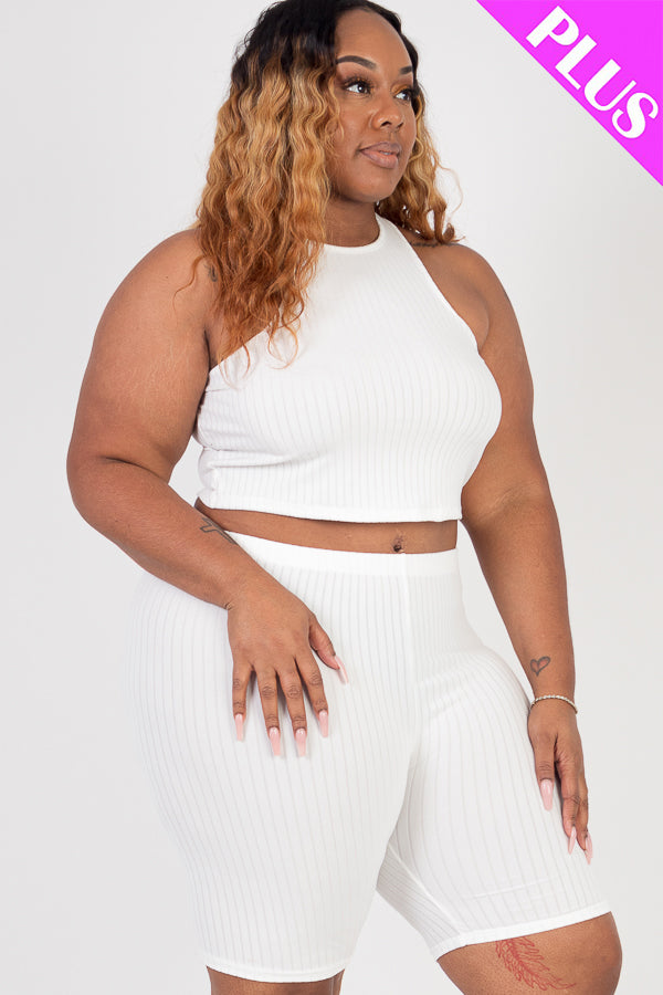 Plus Size Ribbed Cropped Tank Top and Biker Shorts Set - Capella Apparel