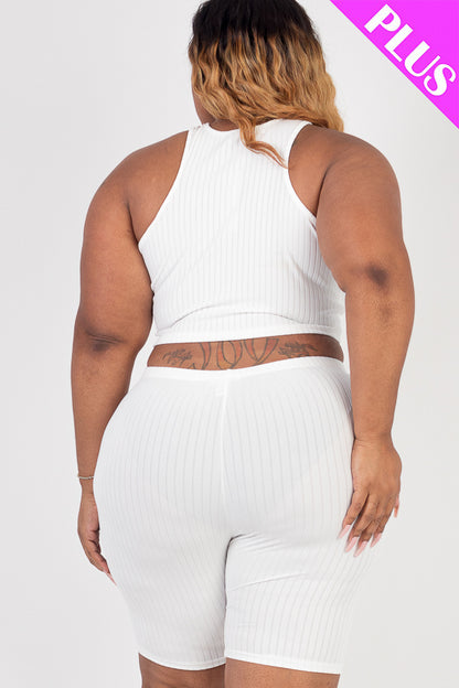 Plus Size Ribbed Cropped Tank Top and Biker Shorts Set - Capella Apparel