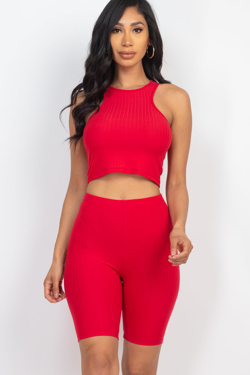 Ribbed Cropped Tank Top and Biker Shorts Set - Wholesale Capella Apparel