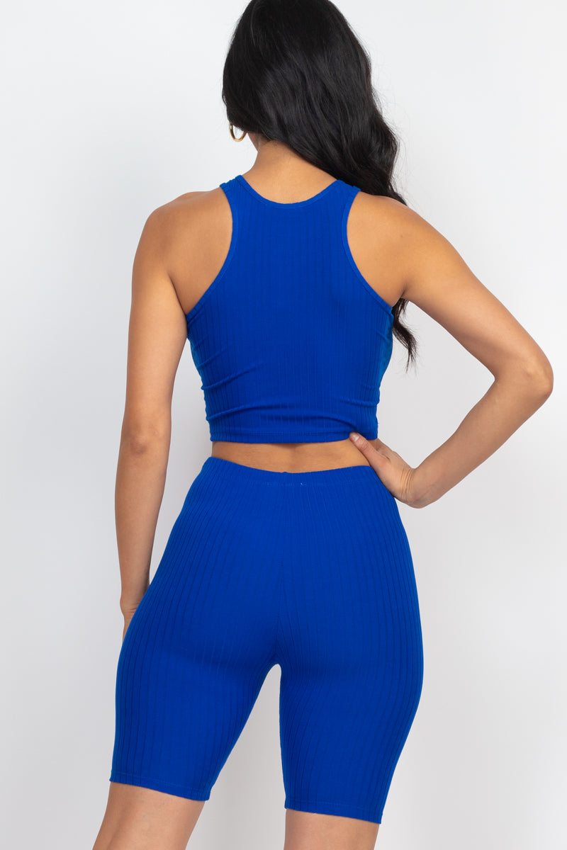 Ribbed Cropped Tank Top and Biker Shorts Set - Wholesale Capella Apparel