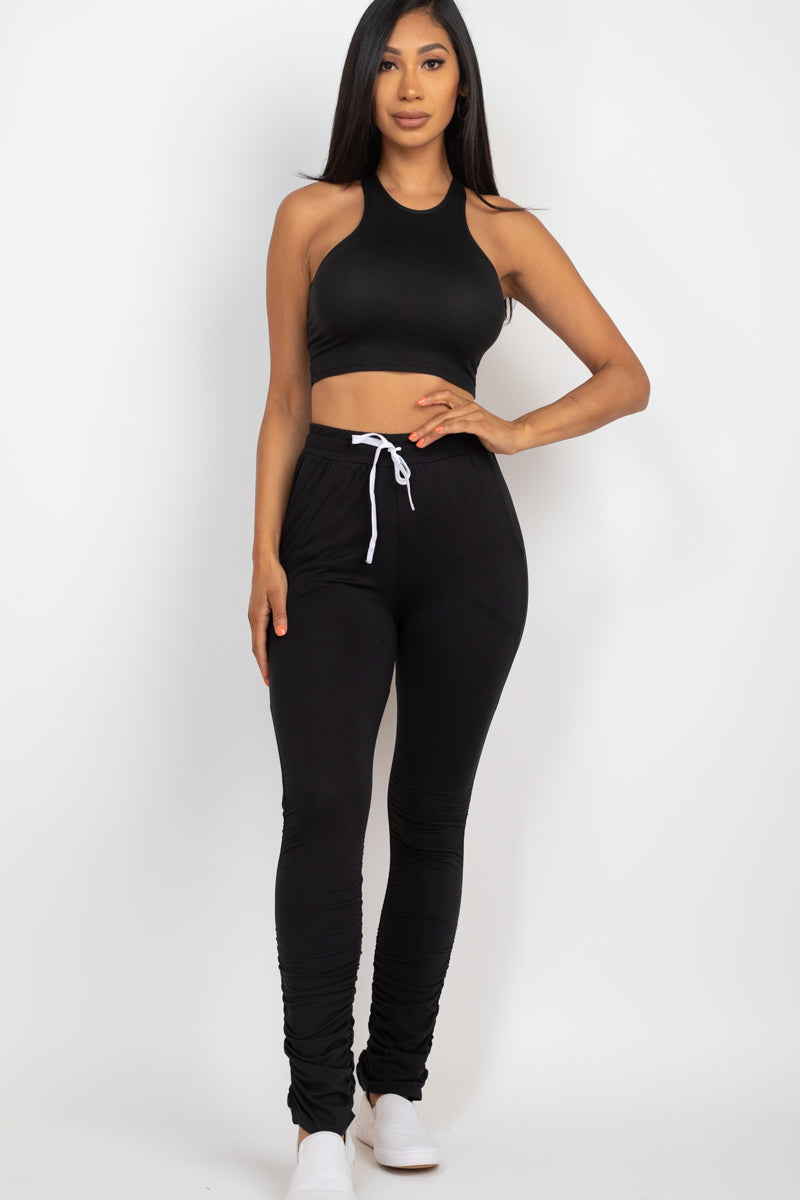 Crop Tank Top & Ruched Pants Set - Capella Apparel