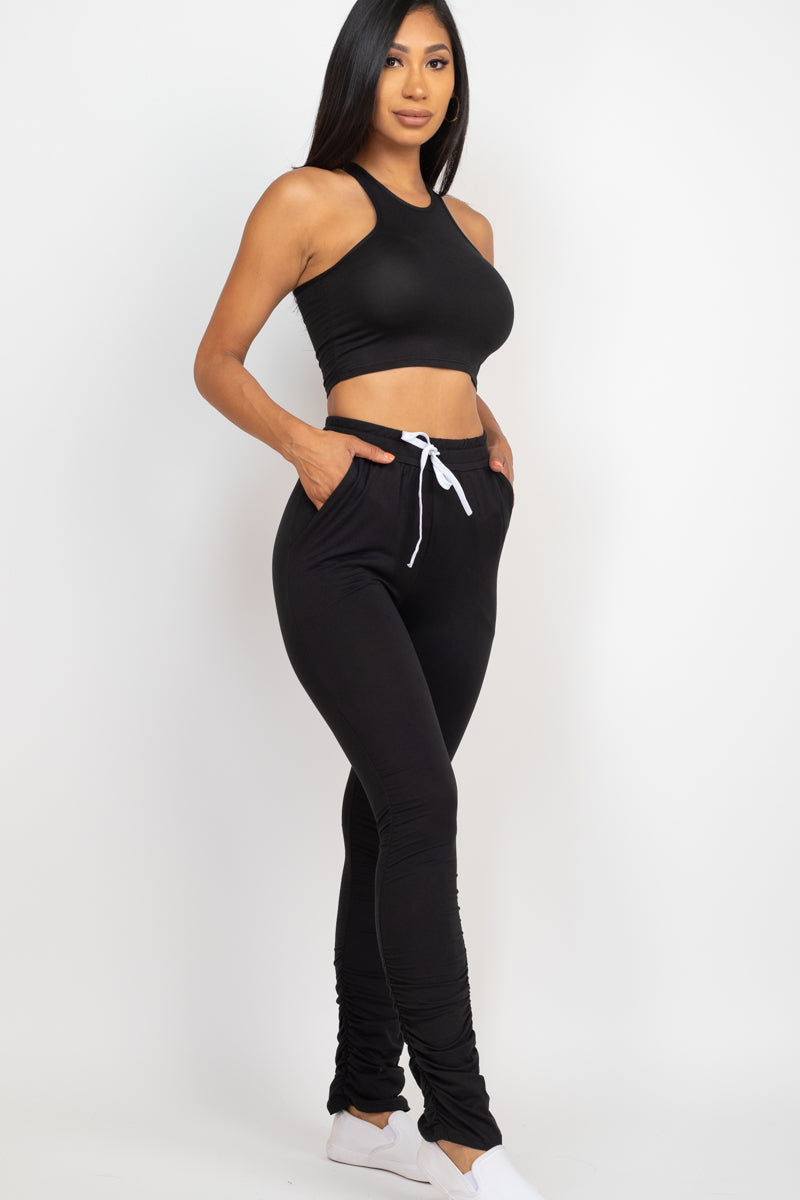 Crop Tank Top & Ruched Pants Set - Capella Apparel