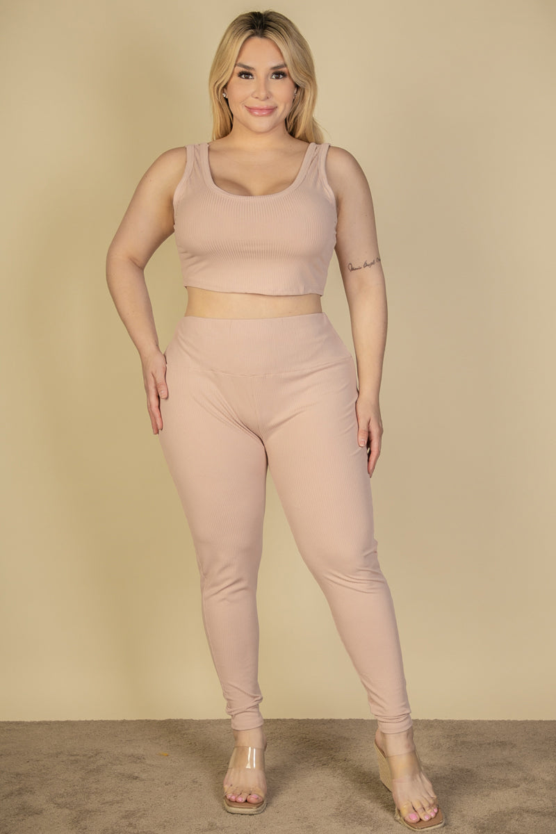 Plus Size Ribbed Crop Top & Leggings Set (CAPELLA) - Capella Apparel