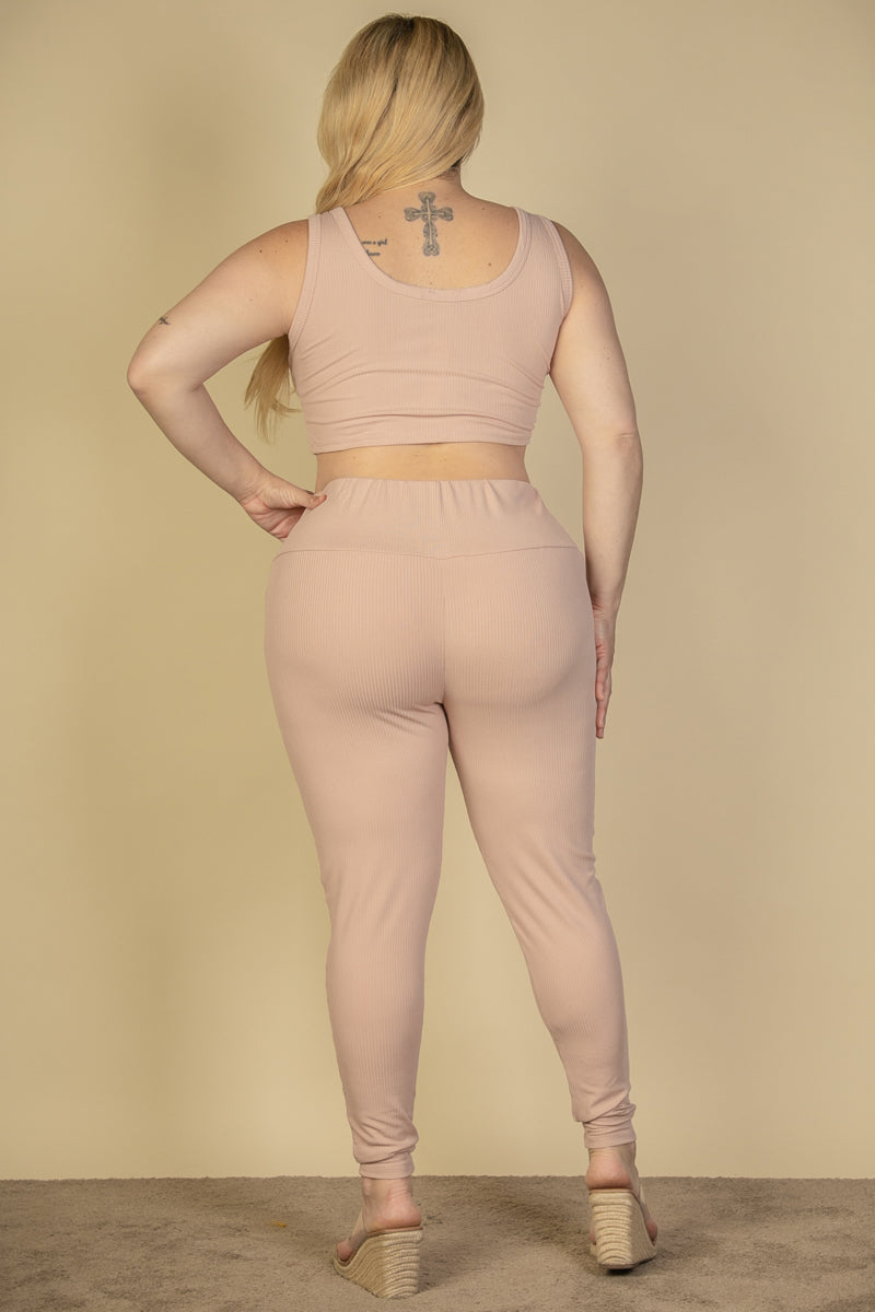 Plus Size Ribbed Crop Top & Leggings Set (CAPELLA) - Capella Apparel