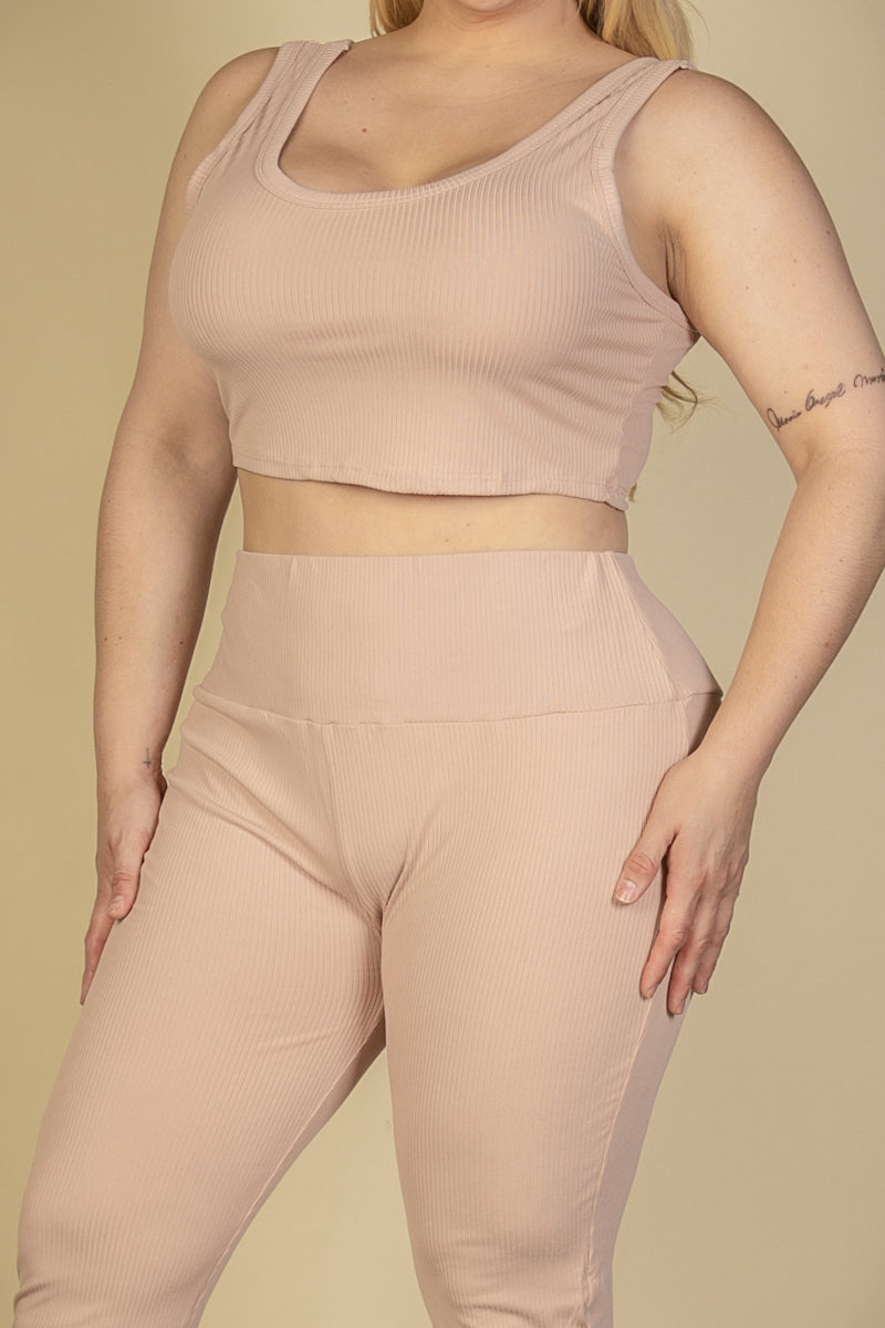 Plus Size Ribbed Crop Top & Leggings Set (CAPELLA) - Capella Apparel