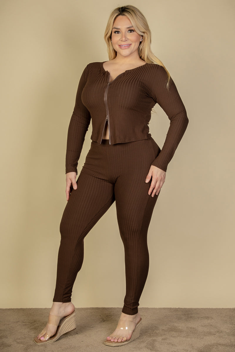 Plus Size Ribbed Zip Front Long Sleeve Top & Leggings Set (CAPELLA) - Capella Apparel