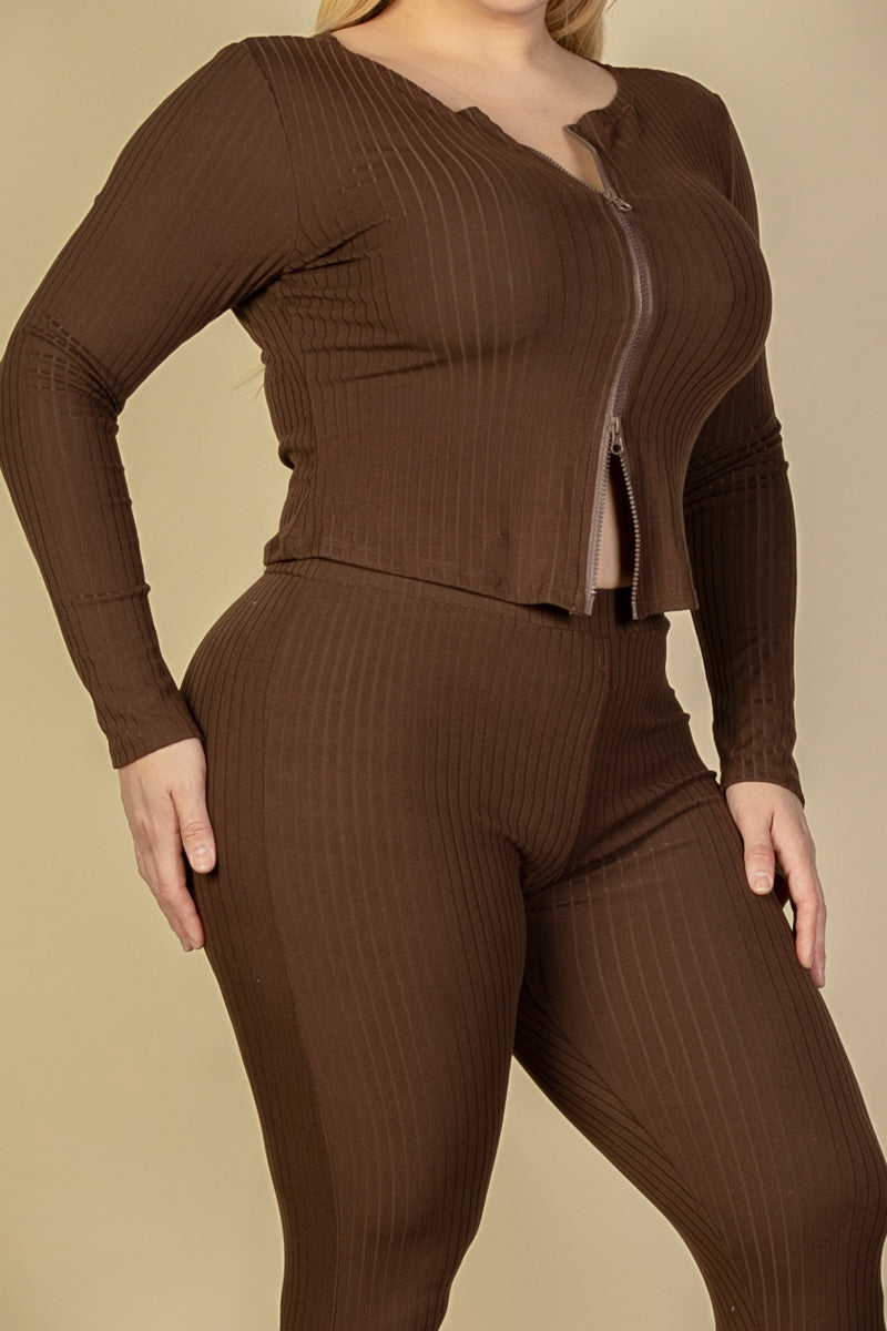 Plus Size Ribbed Zip Front Long Sleeve Top & Leggings Set (CAPELLA) - Capella Apparel