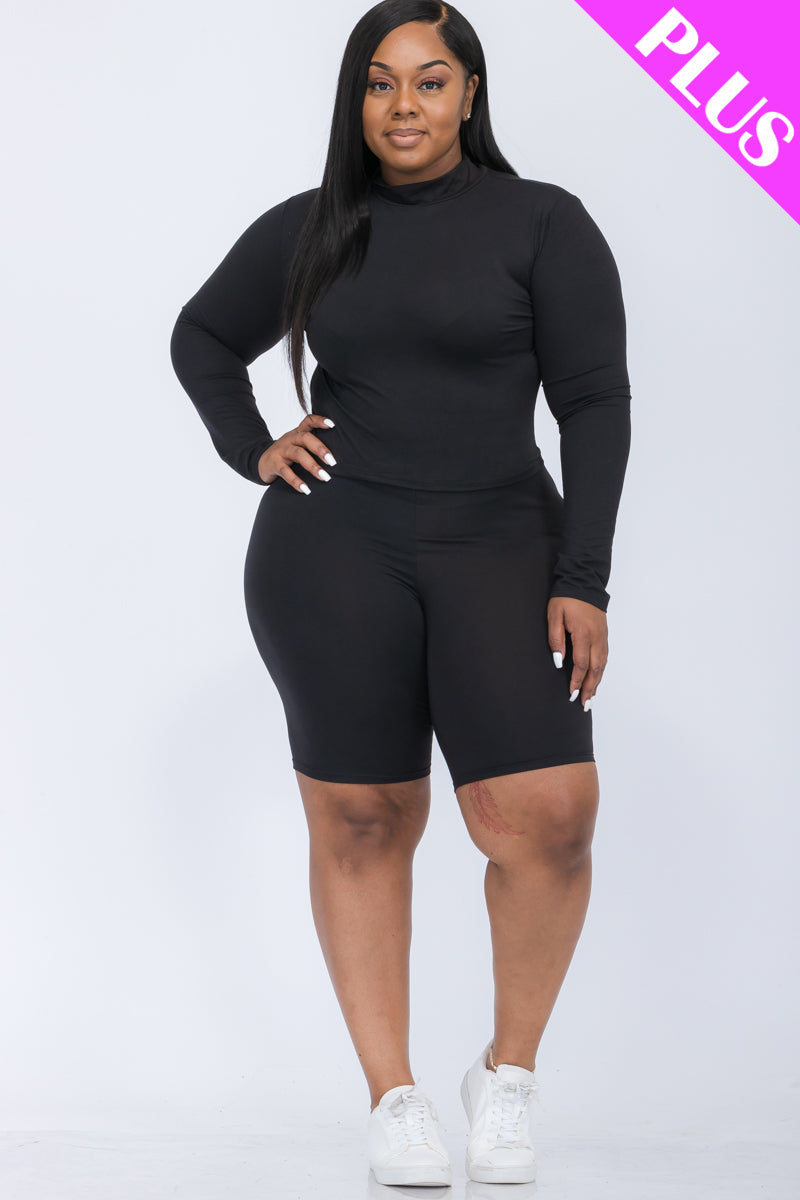 Plus Size Mock Neck Long Sleeve Top & Biker Shorts Set - Capella Apparel