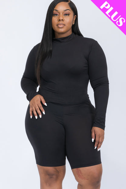 Plus Size Mock Neck Long Sleeve Top & Biker Shorts Set - Capella Apparel