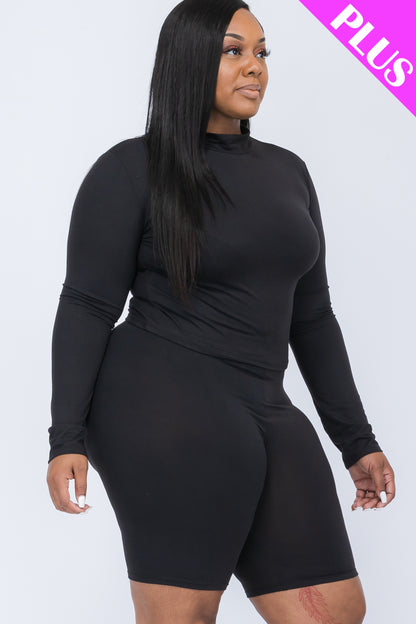 Plus Size Mock Neck Long Sleeve Top & Biker Shorts Set - Capella Apparel