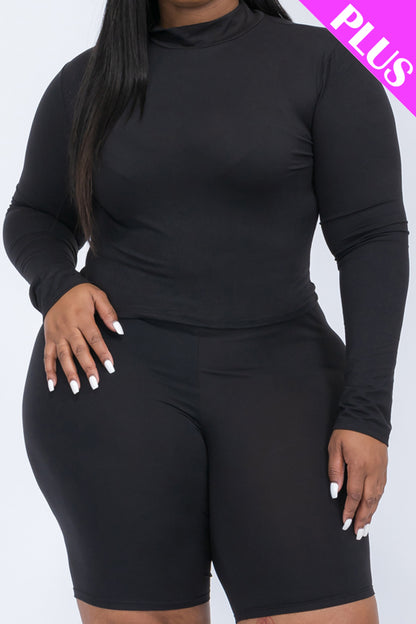 Plus Size Mock Neck Long Sleeve Top & Biker Shorts Set - Capella Apparel