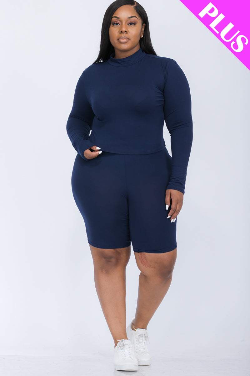 Plus Size Mock Neck Long Sleeve Top & Biker Shorts Set - Capella Apparel