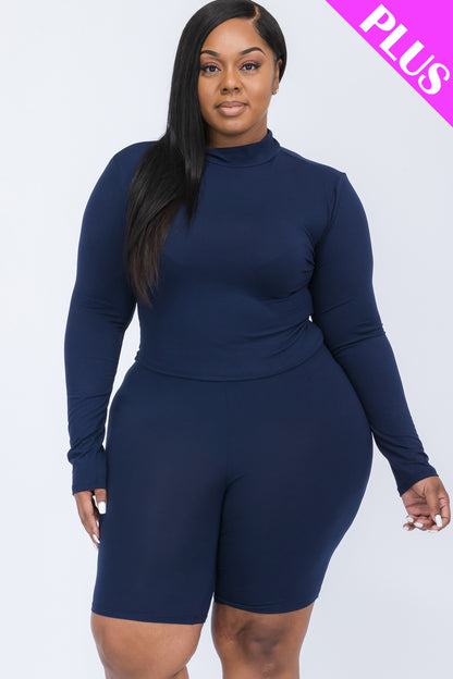 Plus Size Mock Neck Long Sleeve Top & Biker Shorts Set - Capella Apparel