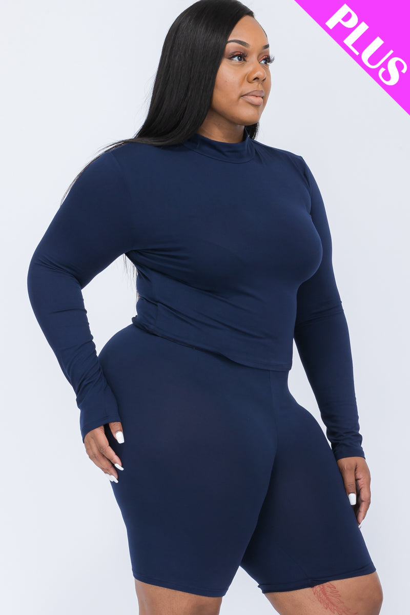 Plus Size Mock Neck Long Sleeve Top & Biker Shorts Set - Capella Apparel