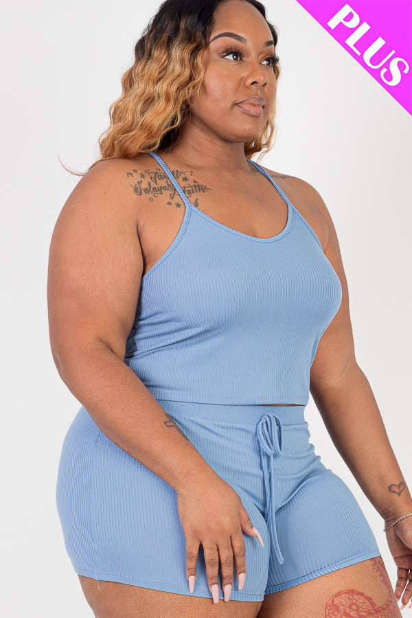 Plus Size Ribbed Crop Cami Top & Shorts Set - Capella Apparel