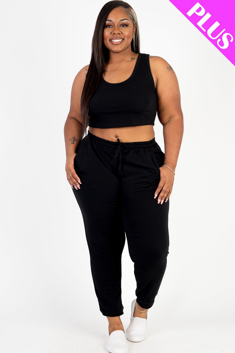 Plus Size French Terry Cropped Tank Top & Joggers Set - Capella Apparel