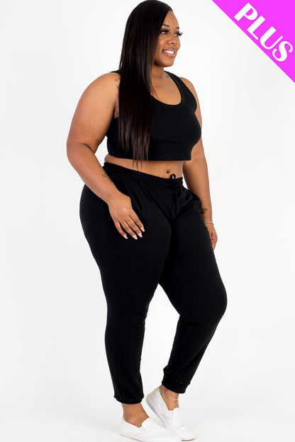 Plus Size French Terry Cropped Tank Top & Joggers Set - Capella Apparel