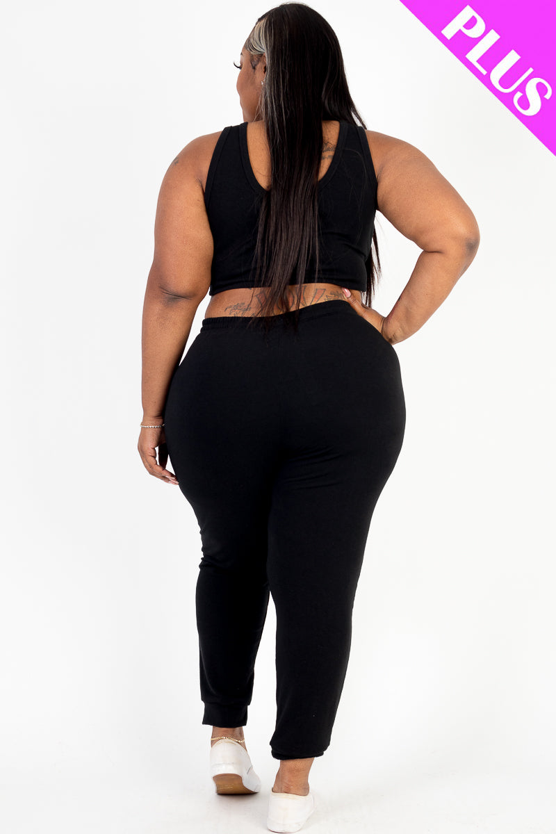 Plus Size French Terry Cropped Tank Top & Joggers Set - Capella Apparel