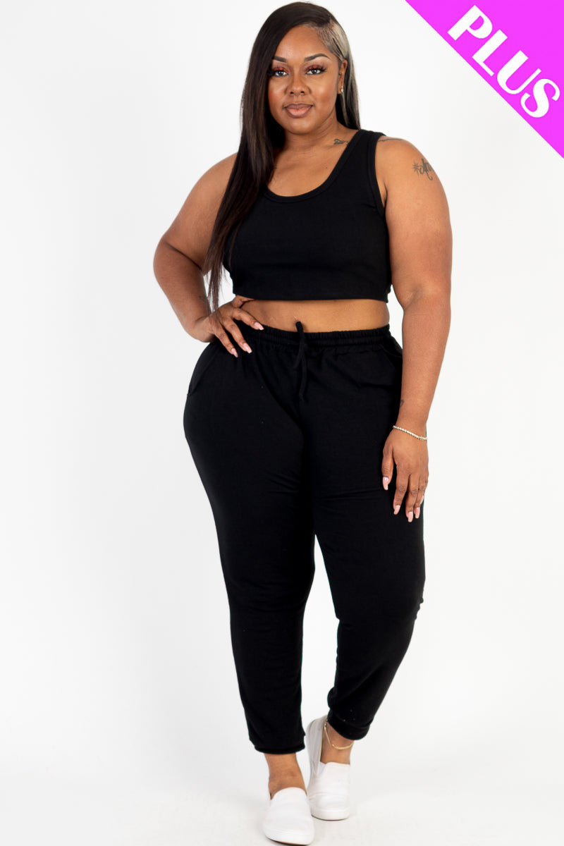 Plus Size French Terry Cropped Tank Top & Joggers Set - Capella Apparel