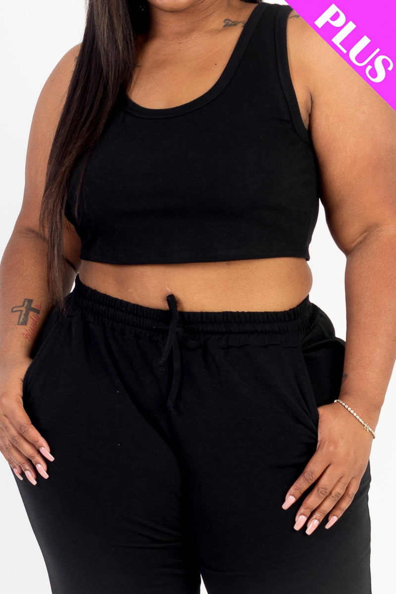 Plus Size French Terry Cropped Tank Top & Joggers Set (CAPELLA) - Capella Apparel