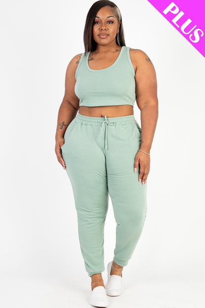 Plus Size French Terry Cropped Tank Top & Joggers Set - Capella Apparel