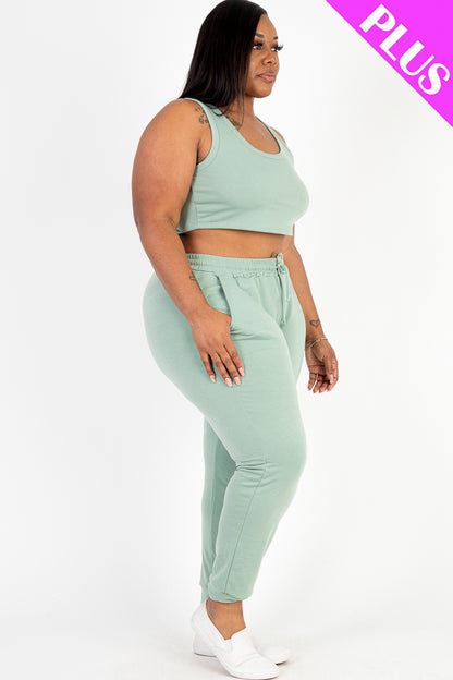 Plus Size French Terry Cropped Tank Top & Joggers Set - Capella Apparel