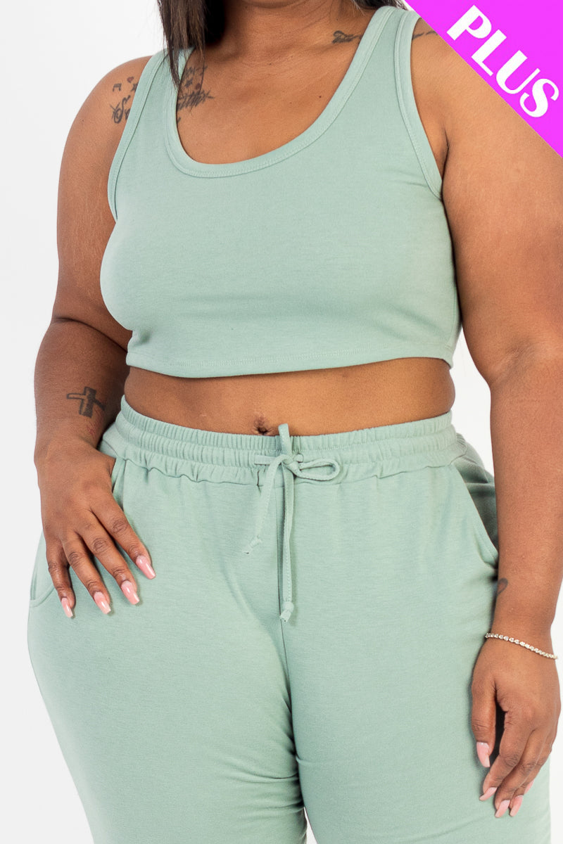 Plus Size French Terry Cropped Tank Top & Joggers Set - Capella Apparel