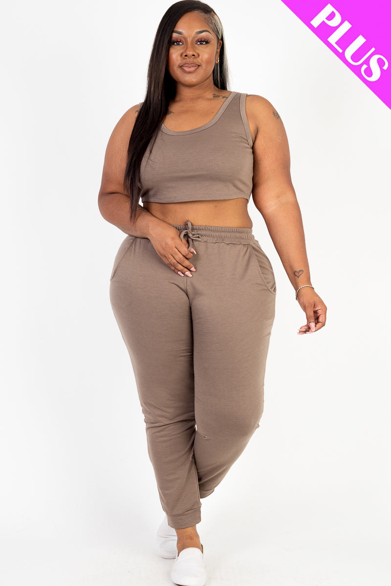 Plus Size French Terry Cropped Tank Top & Joggers Set (CAPELLA) - Capella Apparel