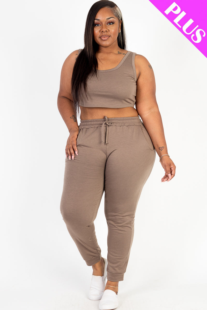 Plus Size French Terry Cropped Tank Top & Joggers Set - Capella Apparel