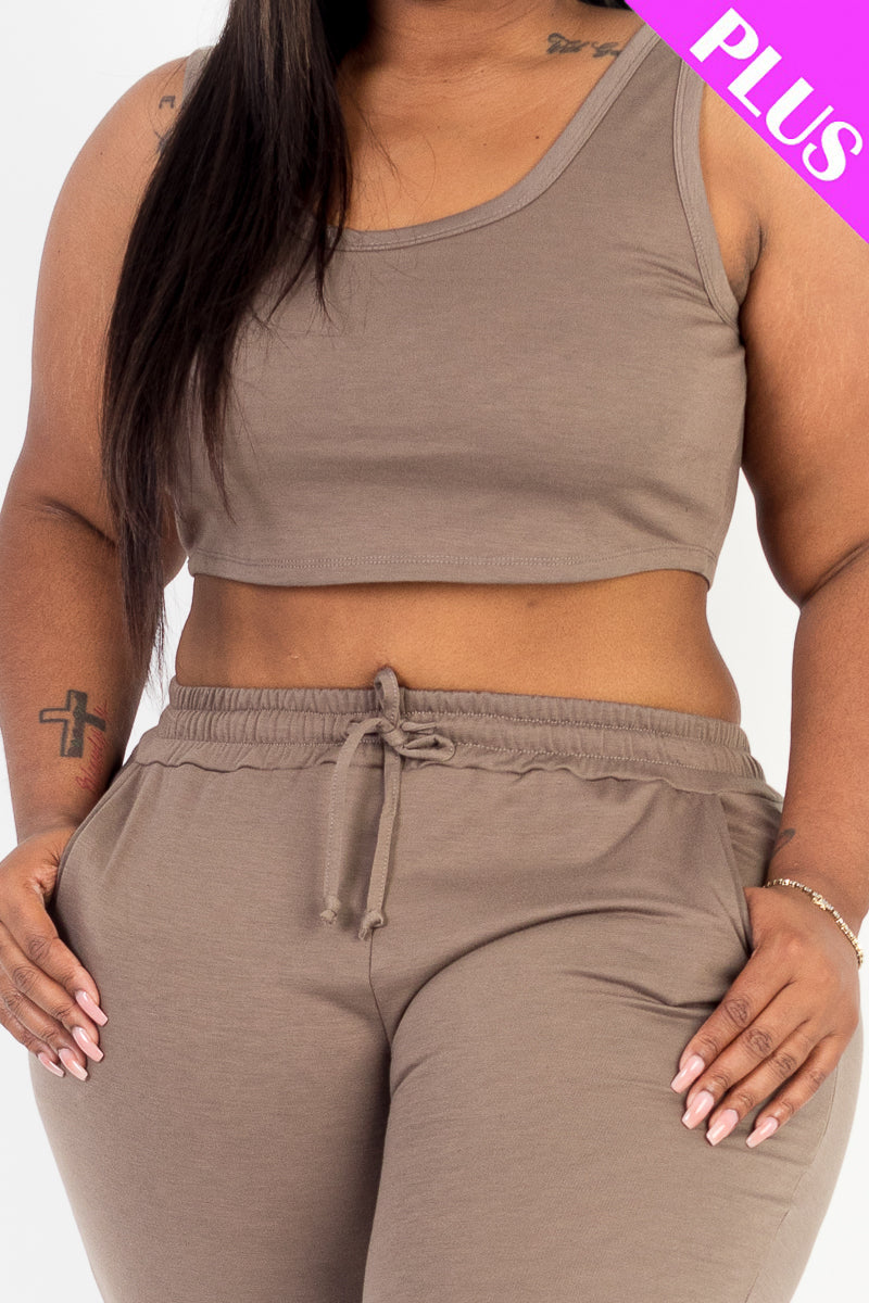 Plus Size French Terry Cropped Tank Top & Joggers Set - Capella Apparel