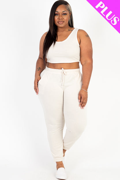 Plus Size French Terry Cropped Tank Top & Joggers Set - Capella Apparel