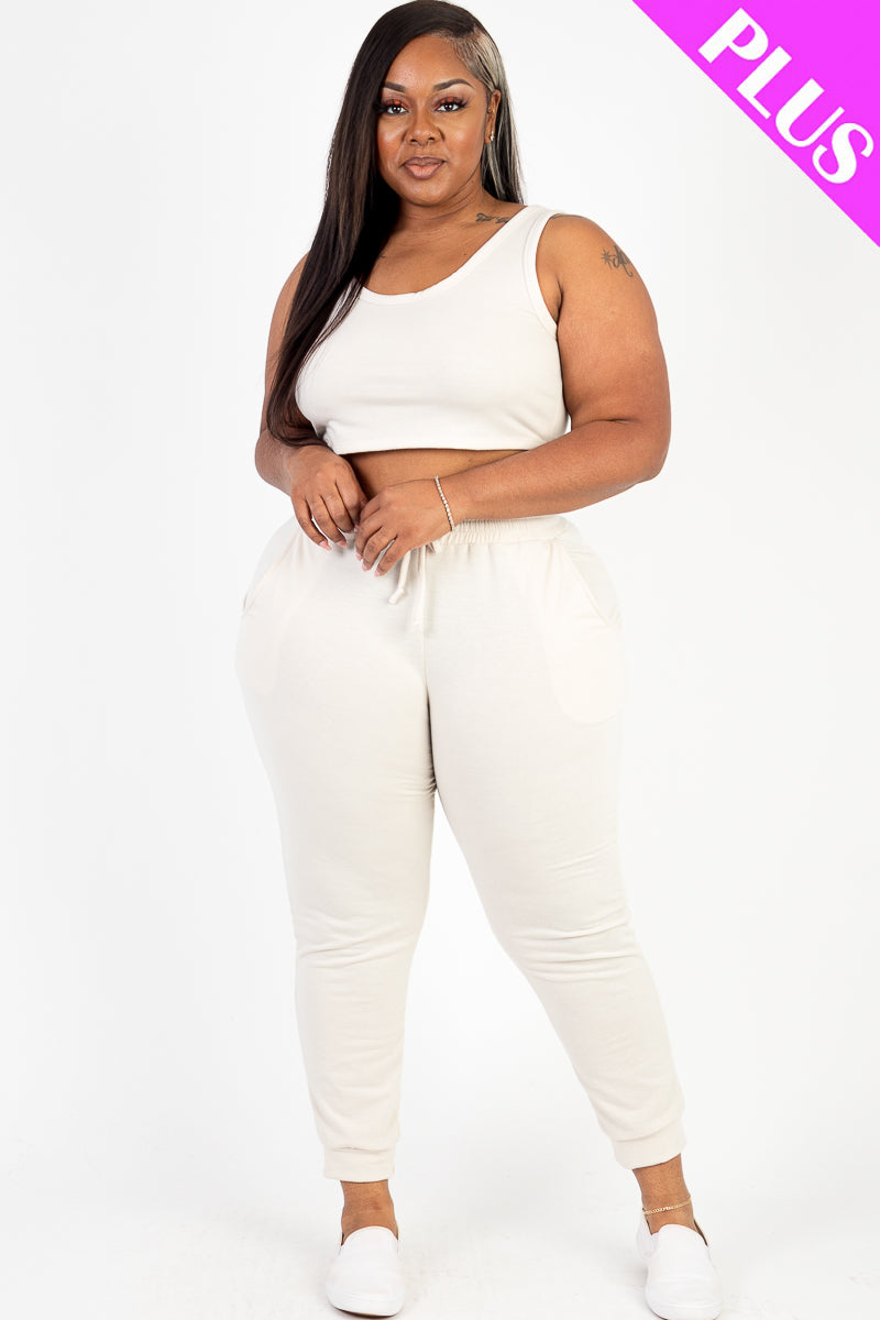 Plus Size French Terry Cropped Tank Top & Joggers Set - Capella Apparel