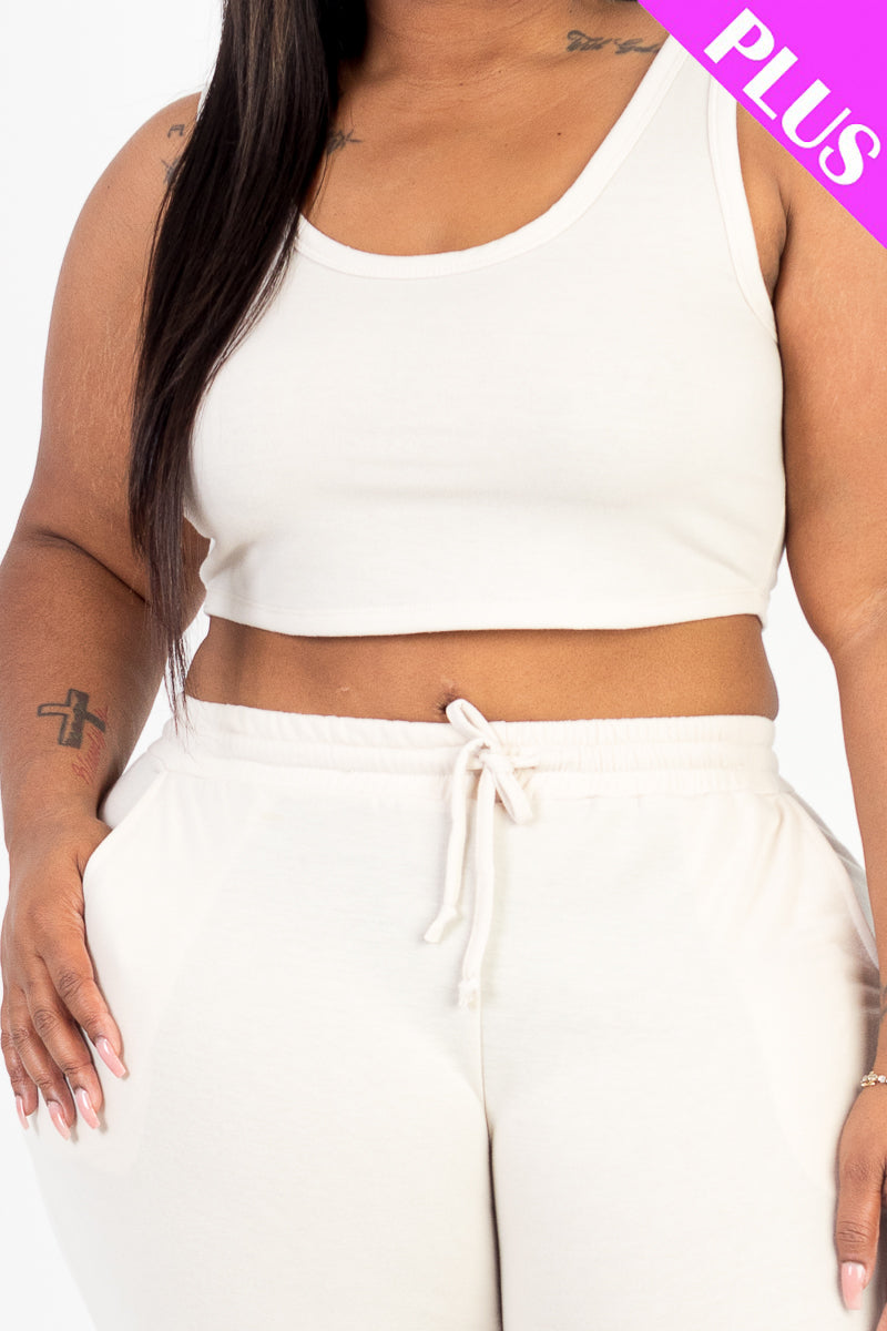 Plus Size French Terry Cropped Tank Top & Joggers Set - Capella Apparel