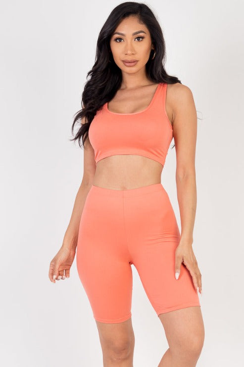 Solid Color Crop Tank Top & Biker Shorts Active Set - Capella Apparel