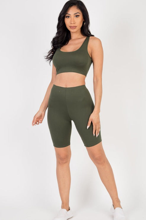 Solid Color Crop Tank Top & Biker Shorts Active Set - Capella Apparel