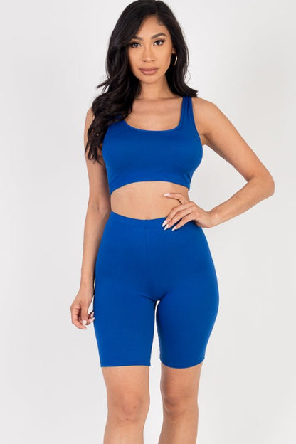 Solid Color Crop Tank Top & Biker Shorts Active Set - Capella Apparel