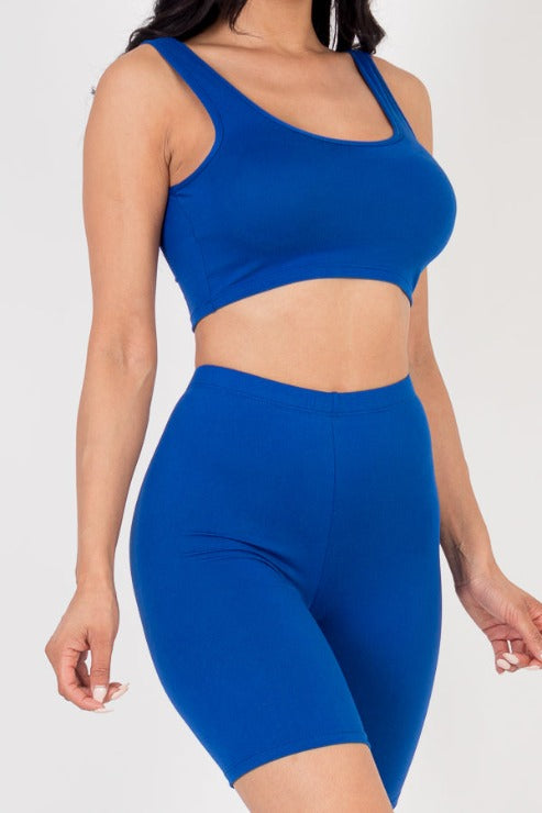 Solid Color Crop Tank Top & Biker Shorts Active Set - Capella Apparel