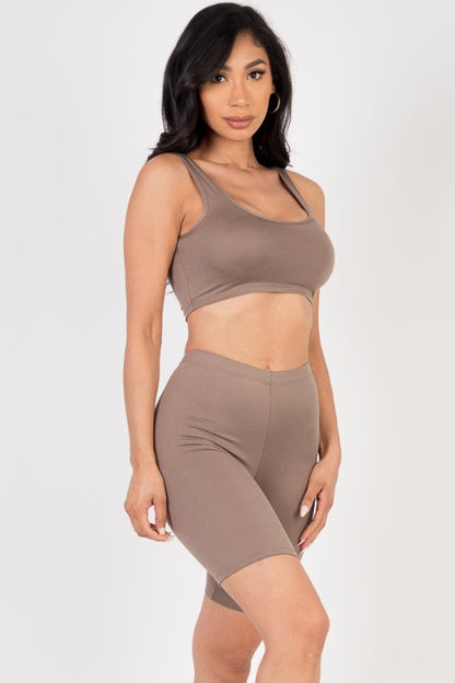 Solid Color Crop Tank Top & Biker Shorts Active Set - Capella Apparel