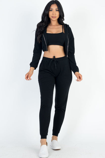 French Terry Cropped Cami with Zip-up Jacket and Joggers Set (CAPELLA) - Capella Apparel